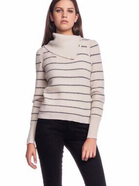 Inhabit Cashmere Striped Turtleneck Sweater Bisque Cream Long Sleeve